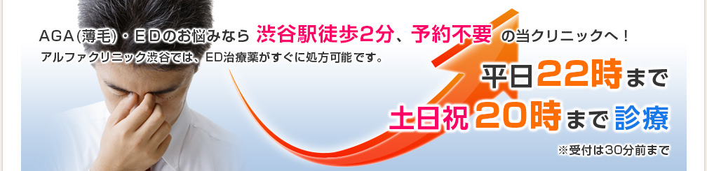 EDのお悩みなら、渋谷駅徒歩2分、予約不要の当クリニックへ!アルファクリニック渋谷では、ED治療薬がすぐに処方可能です。